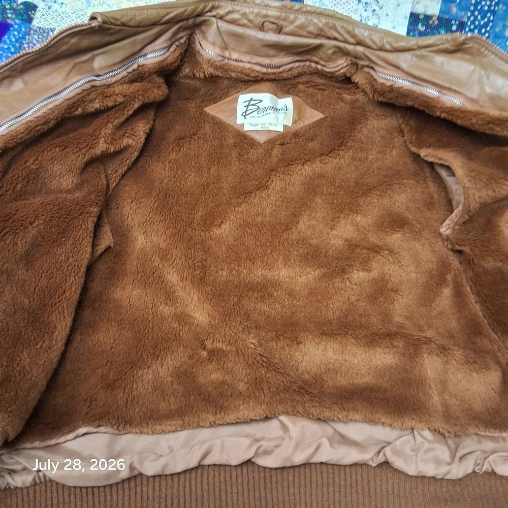 Vintage 80s Bermans Mens 48X Tan Leather Utility Bomber Removable Liner